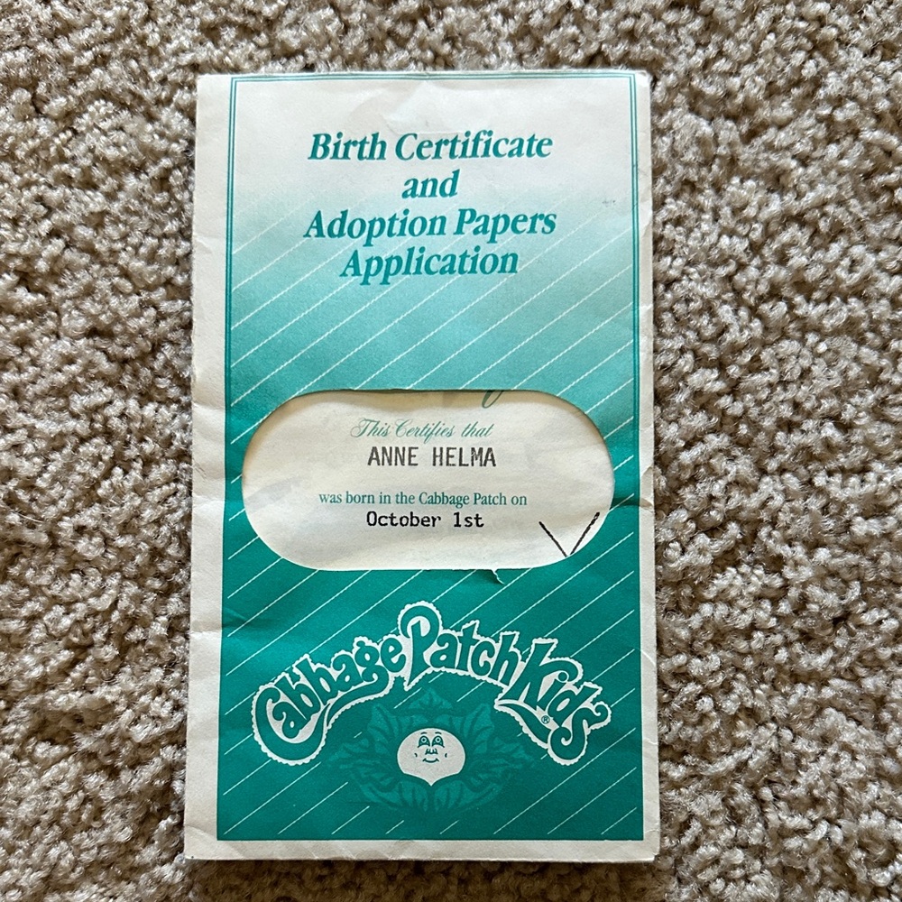 1980's Cabbage Patch Kids Doll Birth Certificate & Adoption Papers Application